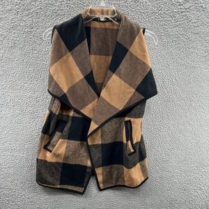 Plaid Open Front Vest Women L Sleeveless Shawl Collar Pocketed Fall Layering